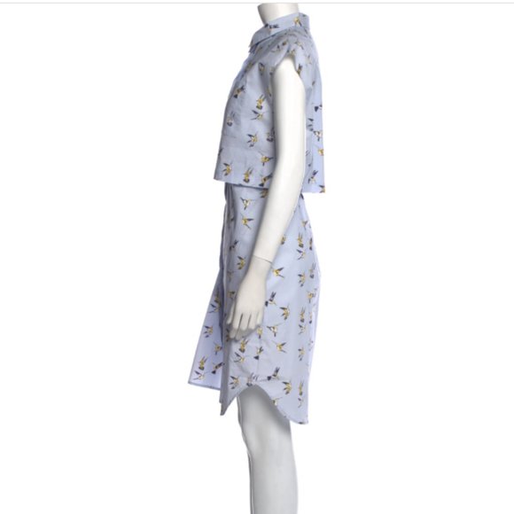 Carolina Herrera Blue Yellow Bird Printed Knee-Length Dress L 10 - Picture 2 of 3